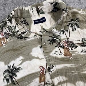 Vintage John Ashford Hawaiian Shirt Mens XL Beige Rayon Palm Tree Hula Girl
